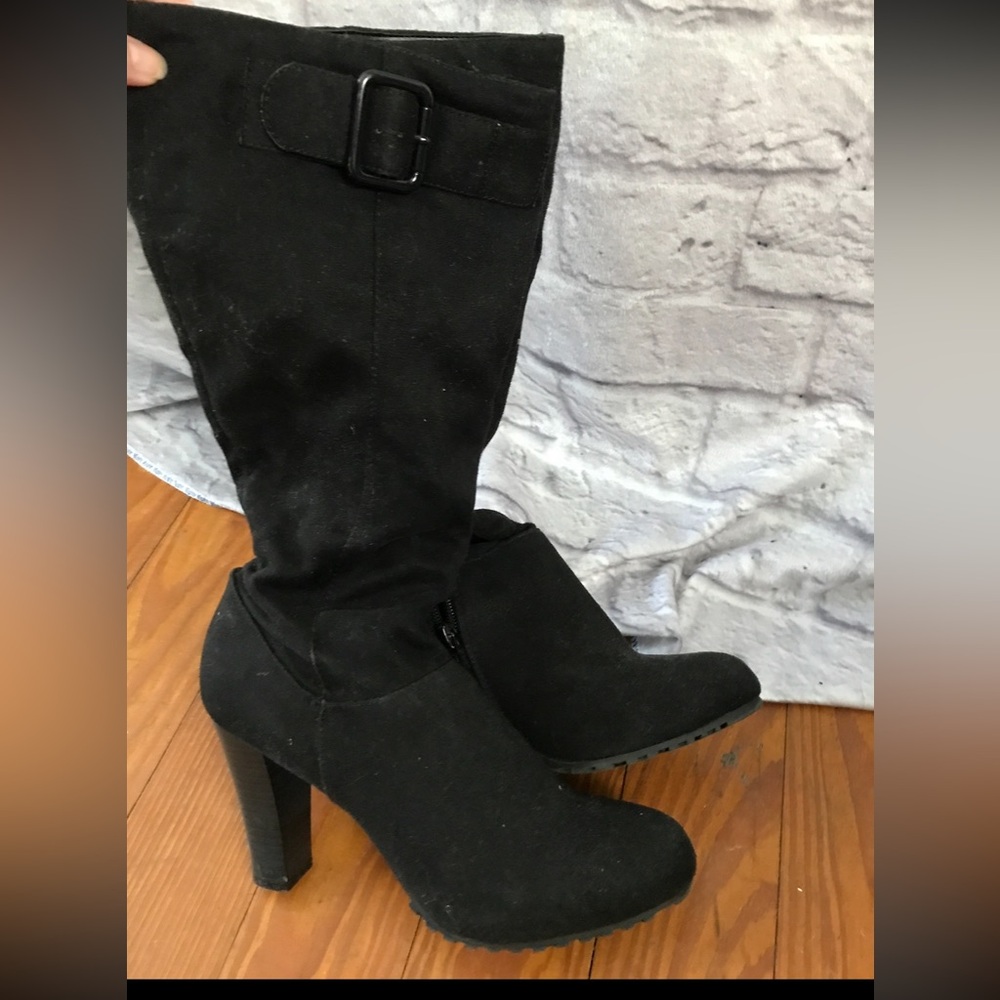 Black Suede-Look High‎ Heel Knee Boots with Buckle